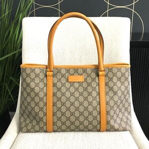 Gucci authentic brown monogram coated canvas tote bag yellow trim